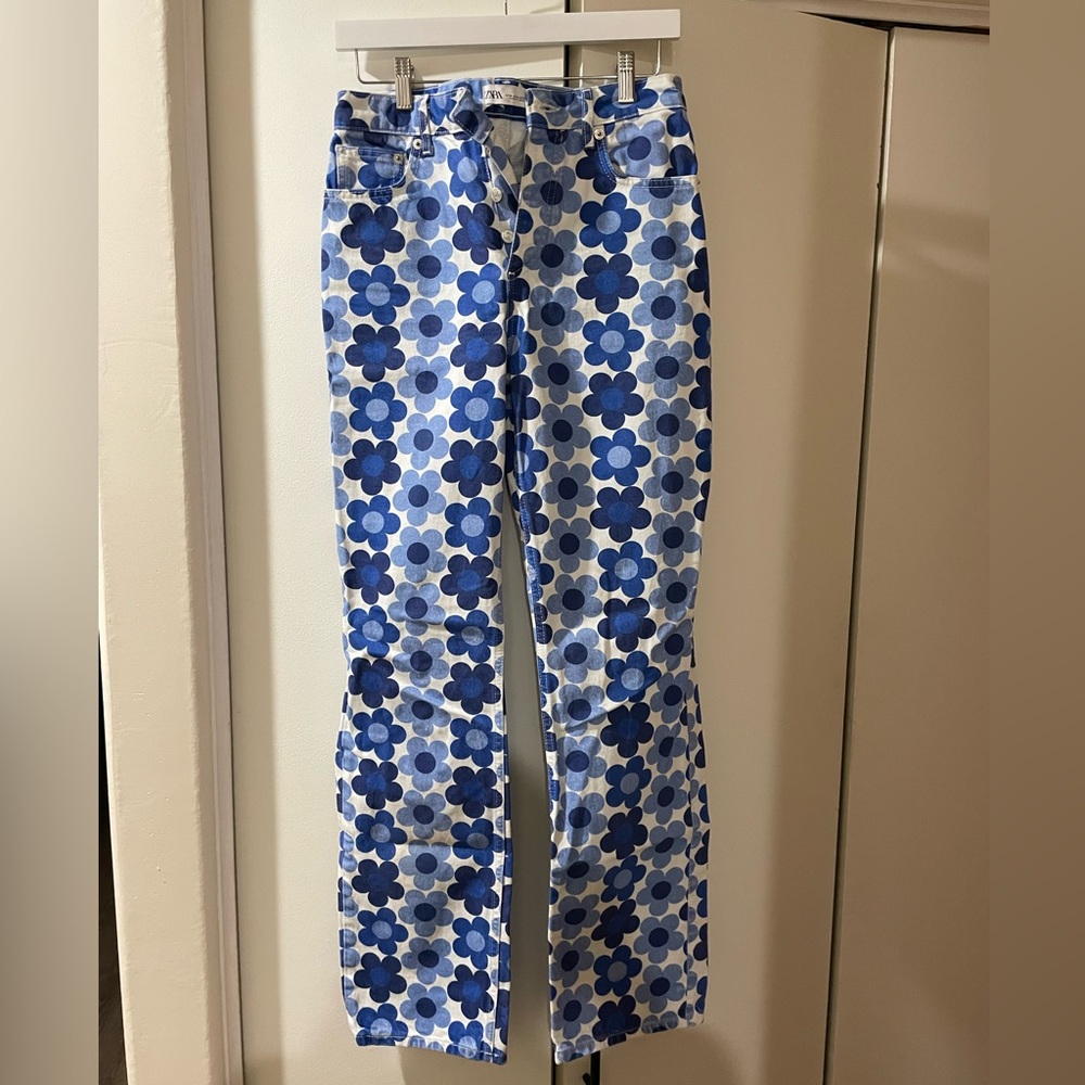 ZARA Blue Floral Patterned Pants - Size 4
